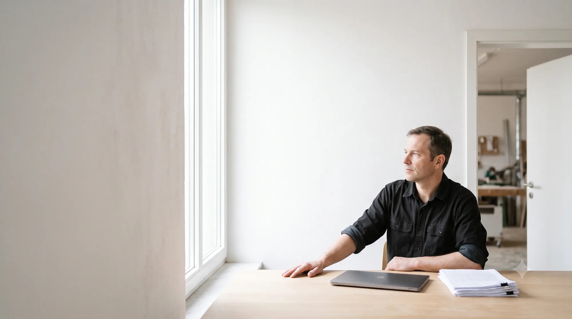 Person sitzt an einem Tisch am Fenster eines hellen Arbeitsraums
