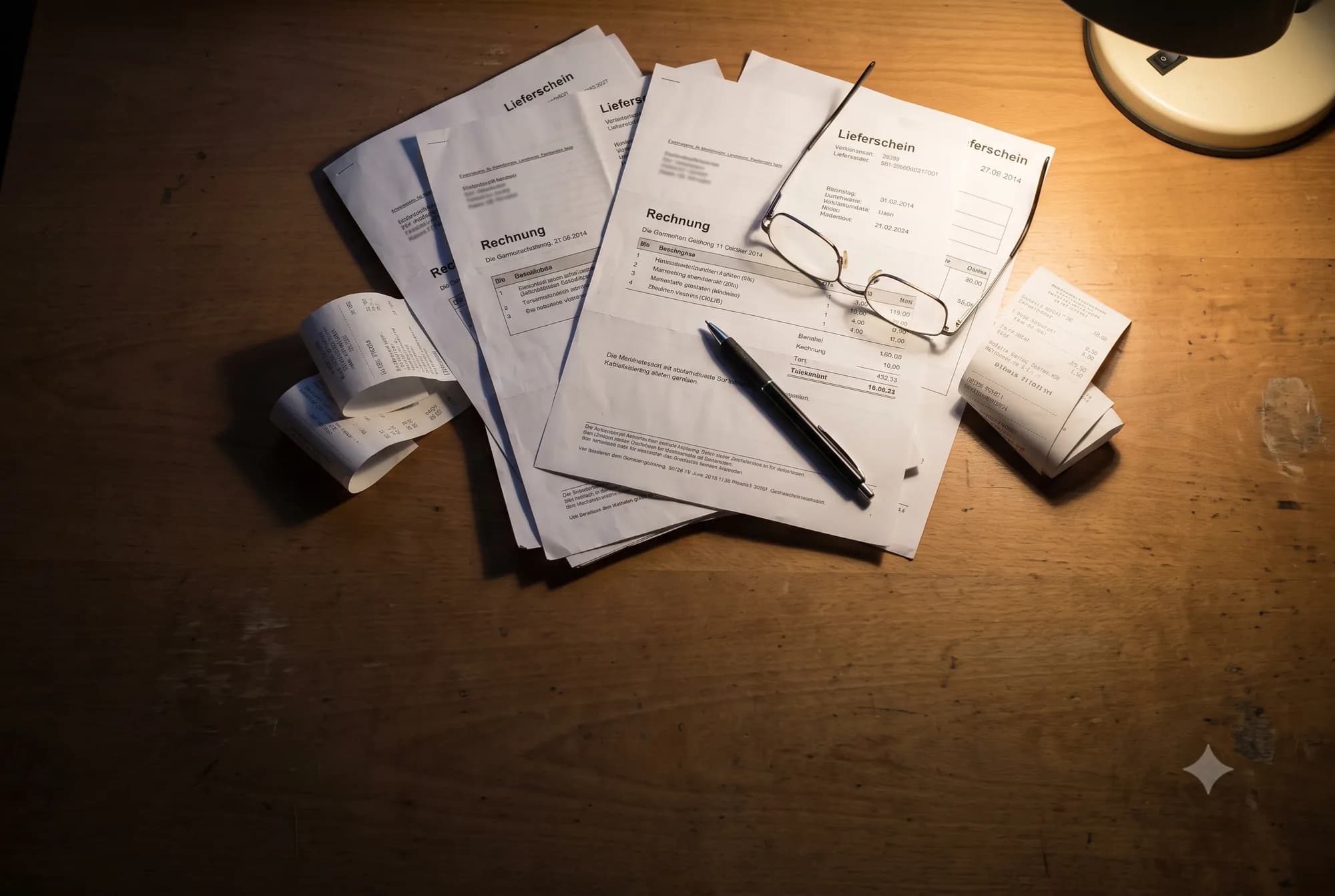 Rechnungen, Lieferscheine und Kassenbelege auf einem Schreibtisch im Abendlicht
